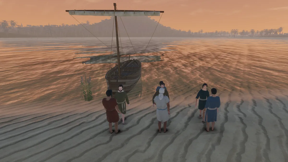 Disciples standing on the shore beside a fishing boat at dawn on the Sea of Galilee