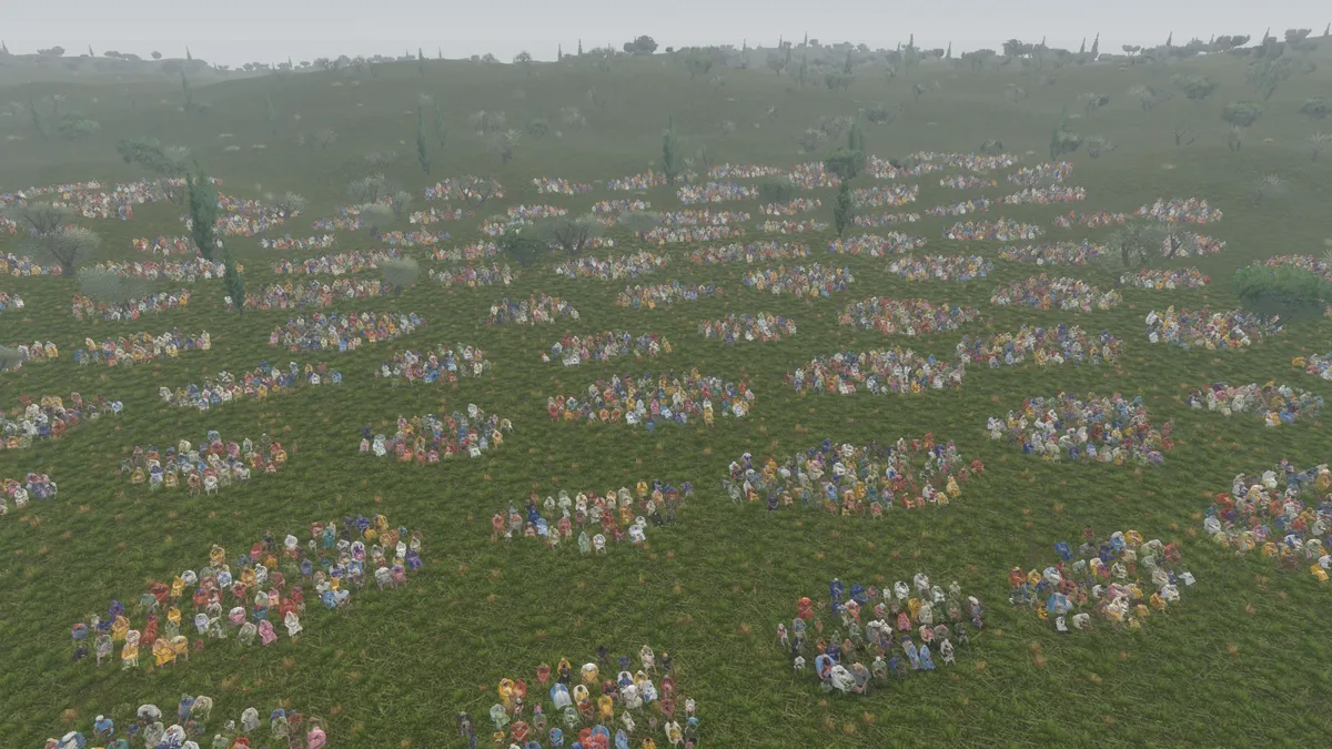 A great crowd seated on the grass in companies of fifty and a hundred